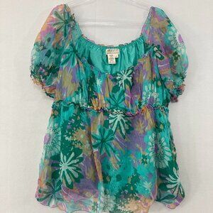 Vintage Max Studio 3X Top Pure Silk Floral Baby-doll Ruffle Artsy Festival Boho